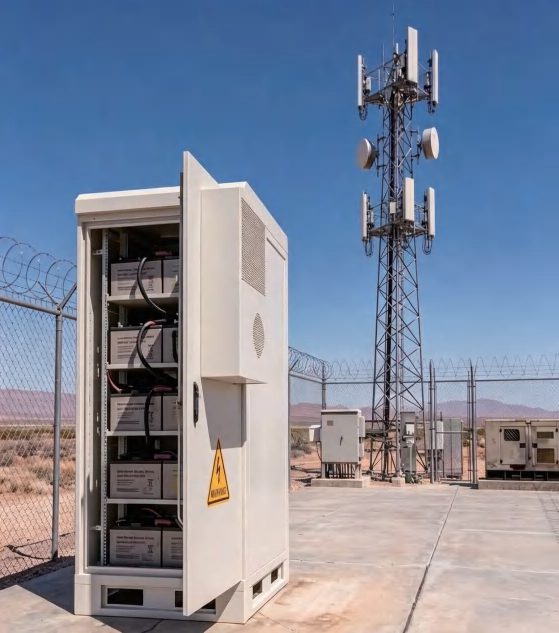 Telecom cabinet beside a tower